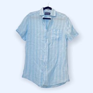 Saks Fifth Avenue Short Sleeve Blue Stripe Linen Button Down Small